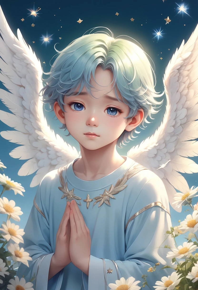 (best quality,4K,8K,high resolution,masterpiece:1.2),Extremely detailed,(Practical,photoPractical,photo-Practical:1.37),This boy is a beautiful angel、The hair is blue、Western-style face、Spread your wings gracefully。He closed his eyes、I feel a tranquil peace、The feathers glow、Dreamy flowers and stars are scattered around、Soft light comes in from there.....、Gradient of soft blue and pastel green on the background、The angel in the sky looks beautiful。