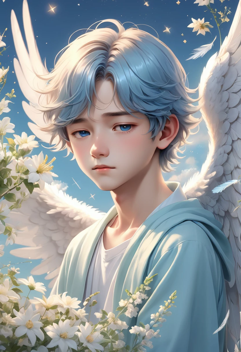 (best quality,4K,8K,high resolution,masterpiece:1.2),Extremely detailed,(Practical,photoPractical,photo-Practical:1.37),This boy is a beautiful angel、The hair is blue、Western-style face、Spread your wings gracefully。He closed his eyes、I feel a tranquil peace、The feathers glow、Dreamy flowers and stars are scattered around、Soft light comes in from there.....、Gradient of soft blue and pastel green on the background、The angel in the sky looks beautiful。