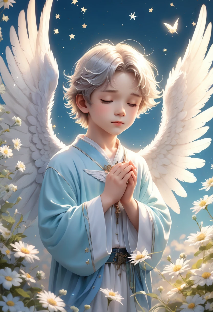 (best quality,4K,8K,high resolution,masterpiece:1.2),Extremely detailed,(Practical,photoPractical,photo-Practical:1.37),This boy is a beautiful angel、The hair is blue、Western-style face、Spread your wings gracefully。He closed his eyes、I feel a tranquil peace、The feathers glow、Dreamy flowers and stars are scattered around、Soft light comes in from there.....、Gradient of soft blue and pastel green on the background、The angel in the sky looks beautiful。