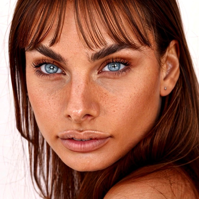 At 25 years old, a naturally beautiful woman with brown hair, hazel eyes, prominent cheekbones, a small nose, and an attractive gaze.