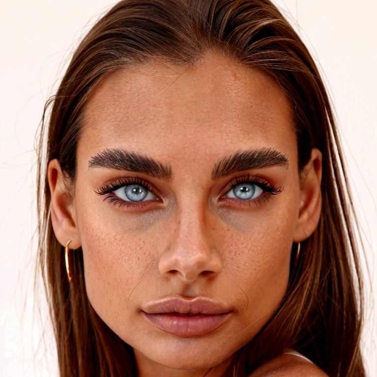 At 25 years old, a naturally beautiful woman with brown hair, hazel eyes, prominent cheekbones, a small nose, and an attractive gaze.