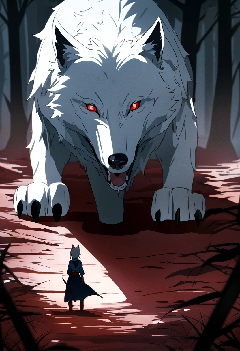 Highest quality, masterpiece, Ultra-high resolution, A gigantic and ferocious monster wolf (White Wolf), Hidden in thick fog, 2D Anime Style, Scary atmosphere, Blood red eyes, Forest in the background, Bloody Ground, 8K, A scene from a movie, From a top-down perspective (Light and shadow effects), (Depth of Field Effect).