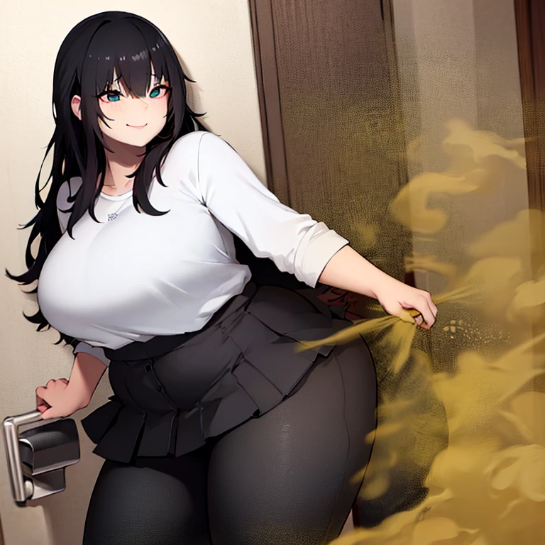 tmasterpiece,1 age girl,ultraclear,high high quality,solo,plump girl, fat, black pyjama pants, black shirt, black hair, big waist, big breasts, mini skirt, facing away from camera, looking over shoulder, fart a lot, yellow smoke, devious smile, horny, The stench is pervasive, (bathroom)