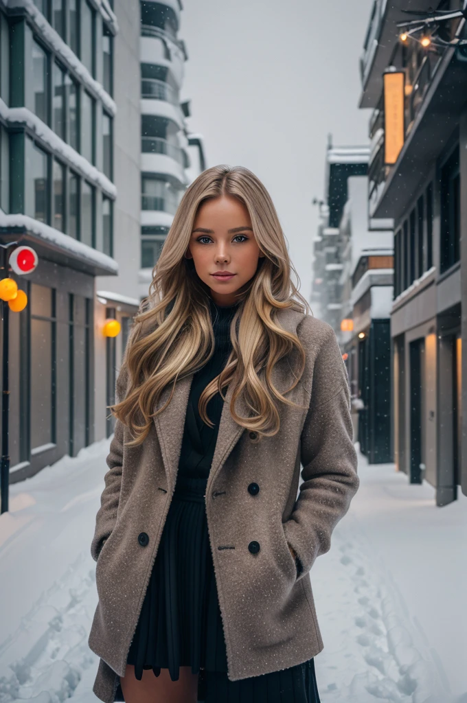 professional portrait photograph of a gorgeous Norwegian girl in winter clothing with long wavy blonde hair, sultry flirty look, gorgeous symmetrical face, cute natural makeup, wearing elegant warm winter fashion clothing, ((standing outside in snowy city street)), stunning modern urban environment, ultra realistic, concept art, elegant, highly detailed, intricate, sharp focus, depth of field, f/1. 8, 85mm, medium shot, mid shot, (((professionally color graded))), bright soft diffused light, (volumetric fog), trending on instagram, hdr 4k, 8k