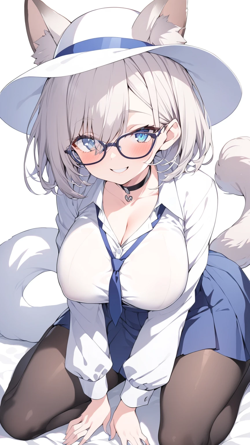 Woman with glasses, 1 girl, breasts, pantyhose, skirt, animal ears, glasses, amputation, solo, smiling, blue eyes, looking viewer, big breasts, shirt, short hair, bulging animal ears, hat, choker, blue skirt