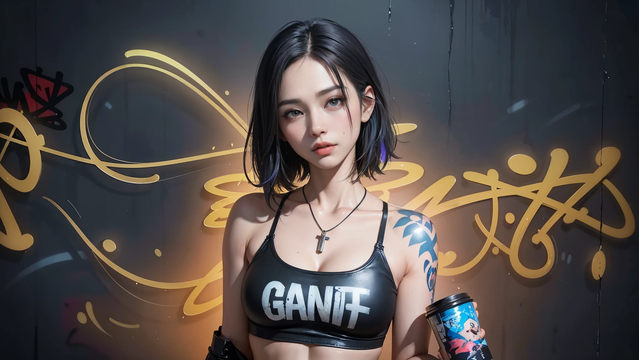 SFV, (close-up), Beautiful girl, whole body, short bright blue disheveled hair, black eye shadow, (street style clothing:1.2), ((tight pants)), ((leather knee-high boots)), (night city:1.2), dark makeup, digital art, trending on artstation, highly detailed, small parts, difficult, beautiful detailed glow, detailed, cinematic light, A high resolution, detailed facial features, sharp focus, smooth, aesthetic, (masterpiece),(Kureski), author: Jamie Christopher Hewlett, no magnification, ((Tanker)), (Fabric is smaller),Beautiful medicine!,(cute face), Big bust,very nice,Beautiful woman,Beautiful face, happy, whole body, Beautiful realistic girl in waifu style, hyperdetailed painting, Luminism, art by Carne Griffiths and Wadim Kashin conceptual art, permission 8k, fractal isometry details bioluminescence , Octane render, difficultly detailed , Cinematic, trending on artstation, Cyberpunk Desert, pop art, Isometric centered hyperrealistic cover photo, stunning full color , sandy, realistic fly , difficult, определение pop artадания , Cinematic,sketch, thick lines, on paper, ethereal background, abstract beauty,Stand, Getting closer to perfection, pure form, Golden ratio, minimalistic, unfinished, conceptual art, difficult details, post-production c 8k, A high resolution, hyperdetailed, trending on artstation, sharp focus, Studio photo, difficult details, highly detailed, Pixar Studio style, Punks, pop art,masterpiece, Best quality, 1 girl, One, crop top, denim shorts, necklace, (graffiti:1.5), splashes of paint, hands behind your back, near the wall, Looking at the viewer, armband, thigh strap, Paint on the body, head tilt, bored, multicolored hair, sea green eyes, garnish, wear a bra,((Thin waist)), young asian girl, ((big )),