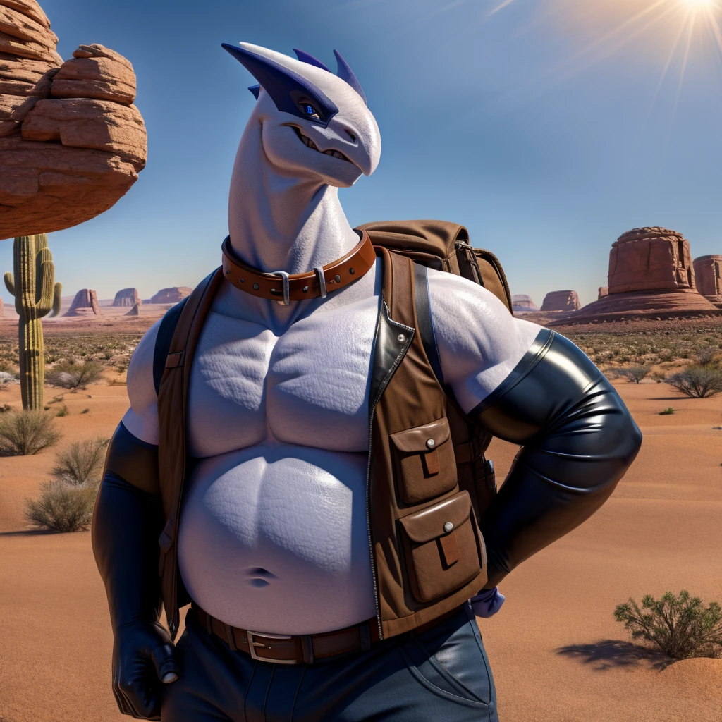 Male, fat, extremely obese, Lugia, blue eyes, (posing:1.3), (soft shading), 4k, hi res, ((detailed face, detailed)), looking at viewer, evil grin, desert, cactus, shirt, hat, male focus, Explorer Outfit, glasses, pants, bag, vest, backpack, sleeves rolled up, round eyewear, brown headwear, brown vest, Lugia is wearing a glossy leather dog collar around the neck, Lugia is wearing the leather collar and shirt and vest at the same time, Lugia is wearing glossy white rubber gloves on the hands, gloves are rubber in texture, clenching teeth, clenching fists, leather collar is glossy and shiny with a lot of detail.