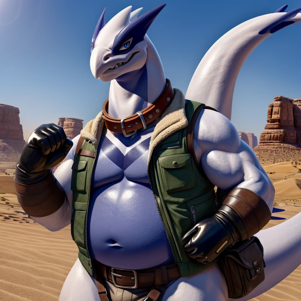 Male, fat, extremely obese, Lugia, blue eyes, (posing:1.3), (soft shading), 4k, hi res, ((detailed face, detailed)), looking at viewer, evil grin, desert, cactus, shirt, hat, male focus, Explorer Outfit, glasses, pants, bag, vest, backpack, sleeves rolled up, round eyewear, brown headwear, brown vest, Lugia is wearing a glossy leather dog collar around the neck, Lugia is wearing the leather collar and shirt and vest at the same time, Lugia is wearing glossy white rubber gloves on the hands, gloves are rubber in texture, clenching teeth, clenching fists, leather collar is glossy and shiny with a lot of detail.