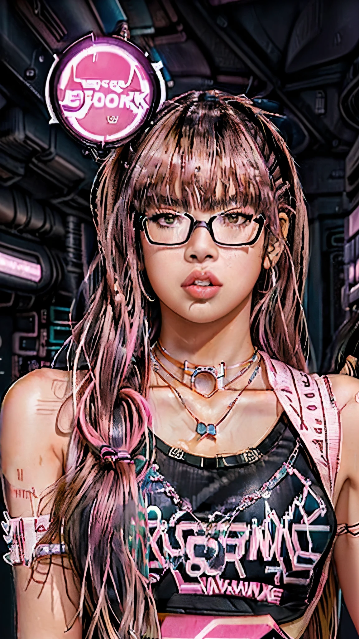1 woman,cowboy shot,anime, ((((lisa blackpink))), cyber punk ,a woman with glasses and a necklace on her neck, brown skin,bella poarch, charli xcx,Tongue sticks up lips,cyber punk, smooth in _ the background, madison beer as leeloo
