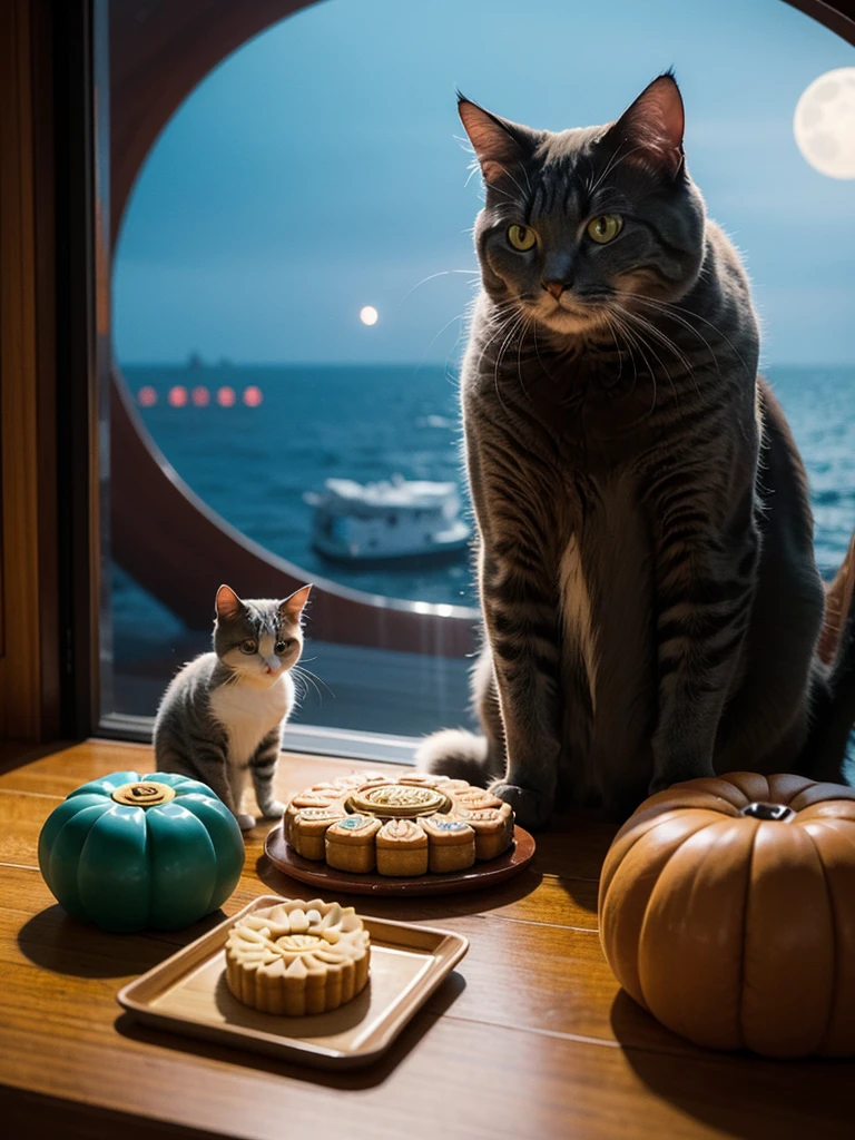 Chartreux,1cat,animal,giant blue cat,neowrsk,red,cat eat moon cake,on warship,1 fat gir