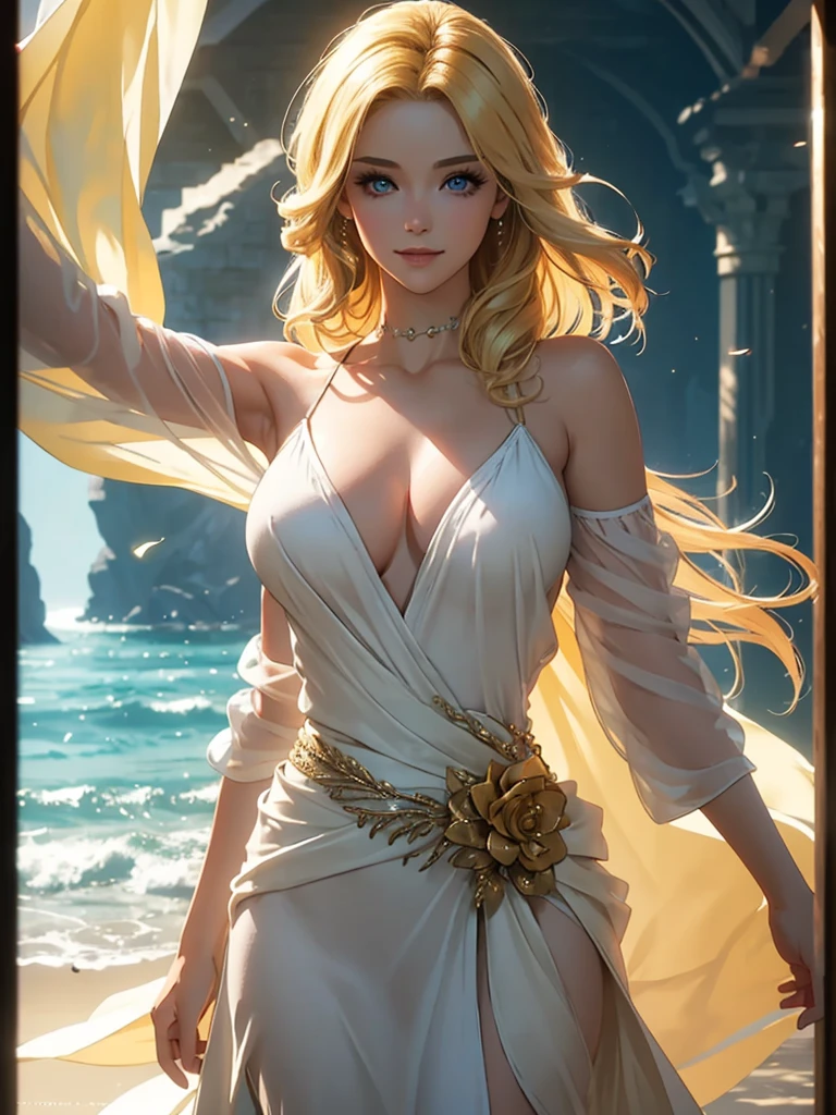 (Best quality,ultra detailed,Photorealistic:1.37), (((open shoulders, waist-high body view))), bright and saturated colors,studio lighting,playful facial expression,stylish makeup, twilight,Blonde hair blowing in the wind,inviting eyes,glossy lips,sexy pose, I smile confidently and seductively,posing for a professional photo shoot,shallow depth of field,highlighting the main subject,soft natural light,Creating a dreamy and magical atmosphere.
