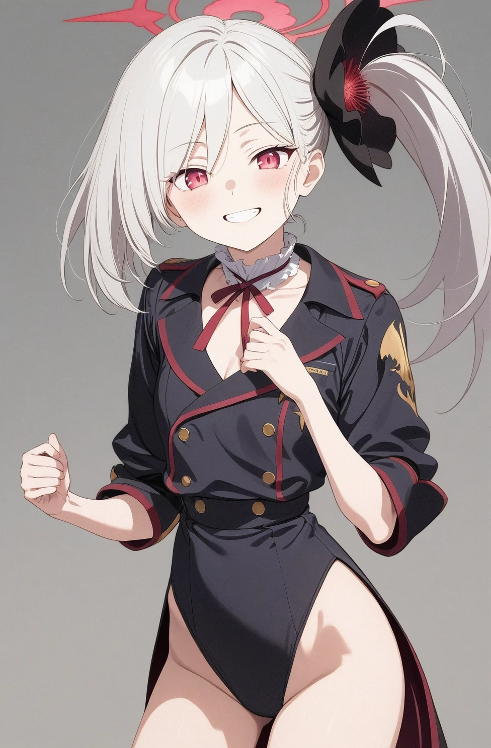 best quality, amazing quality, very aesthetic, absurdres, (1girl, mutsuki, blue archive, solo, red eyes, white hair, side ponytail), (artist official art:1.5), (realistic face:0.7), (grin, lowleg bikini, ), (cowboy shot), (glowing eyes:1.3), (half closed eyes:0.9), (thigh), expressive eyes, perfect face, 4k, extremely detailed anime illustration, extremely detailed eyes, enhanced details, perfect anatomy, light rays, extremely delicate body, smooth skin, (gray background:1.5), clear eyes, beautiful face, small breasts, (Chiaroscuro:1.5), (highres:2), cinematic