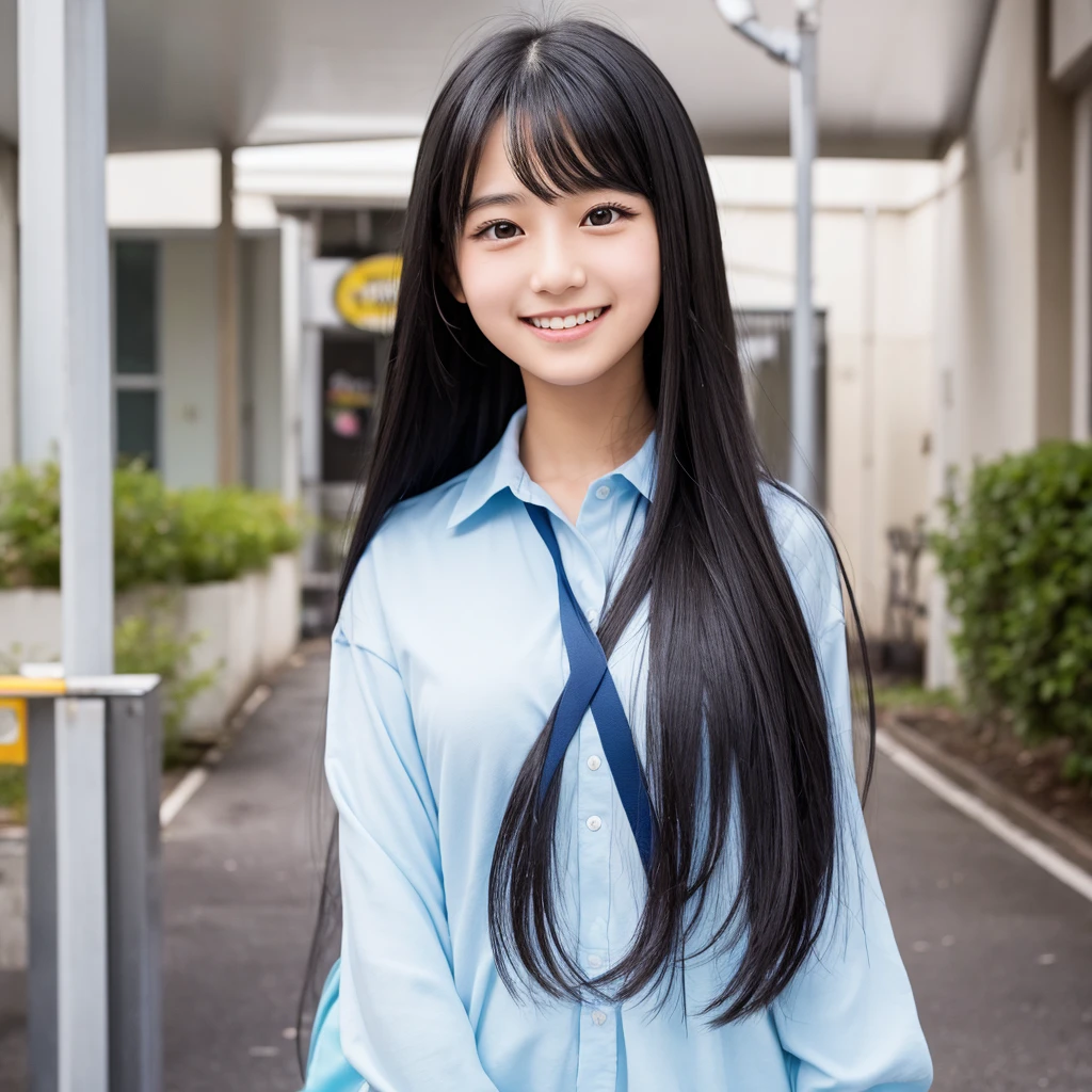 A bright and cheerful high school girl with long black hair and a straight nose.