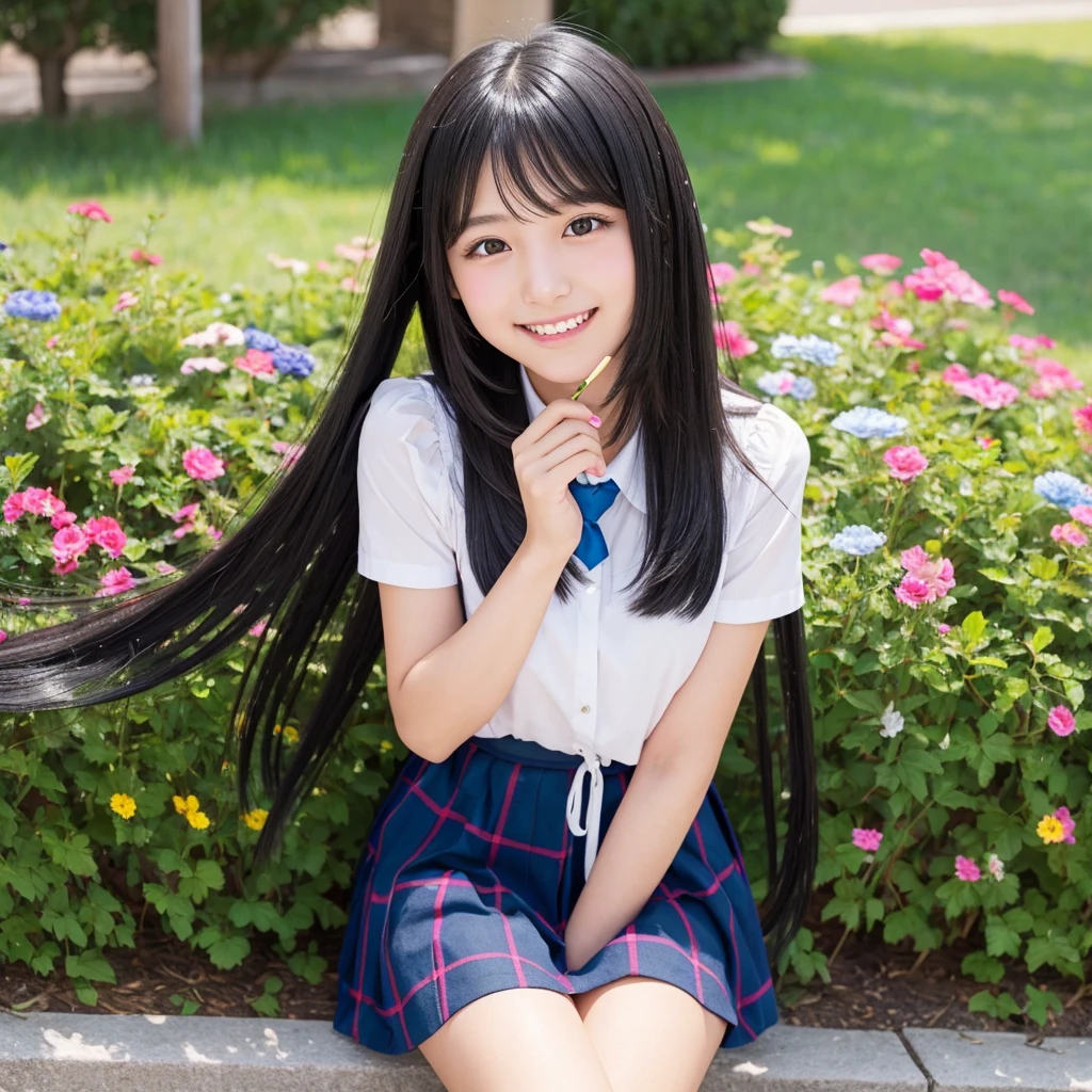 A bright and cheerful high school girl with long black hair and a straight nose.