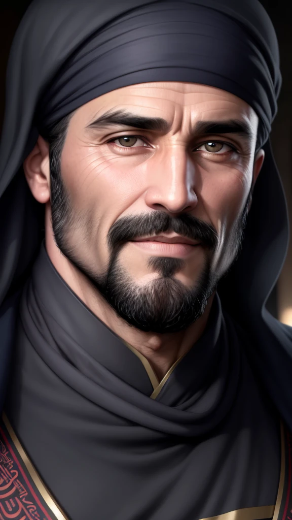 Happy 8k ultra-realistic 45-year-old incredibly handsome brutal men as sheikh, with bright eyes, looking in front of camera, hd portrait, photorealistic