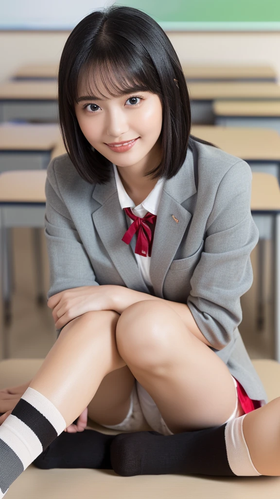 ((8K, RAW Photos, Highest quality, masterpiece), High-resolution RAW color photos、Professional close-up photography, (Realistic, Photorealism: 1.37), (Highest quality), (Best Shadow), (Best illustrations), ((erotic, sexy, Ultra-high resolution, High quality CG integrated 8K wallpaper, Physically Based Rendering, Cinema Lighting), (aegyo sal:1), 18-year-old girl, (Grey blazer, red ribbon, socks, High School Uniform,white panty: 1.2), High school classroom, Beautiful details in the eyes, Light on the face, (Full Body Shot), Particularly strong light, (Upward glance, Grinning smile:1.2),Shiny skin, (((Black Hair, Bob Hair:1.2))), shy, (flash:1.2), Browsing Caution , (Puffy pussy), ((Seductive posture: 1.2, Charm: 1.2)), (Idol), (Sitting with legs spread on a desk in the classroom: 1.2)), ((Excellent anatomy: 1.2)), ((Bright and refreshing classrooms, The background is blurred: 1.2)), Perfect Face, Cute face, (High angle shot:1.2)