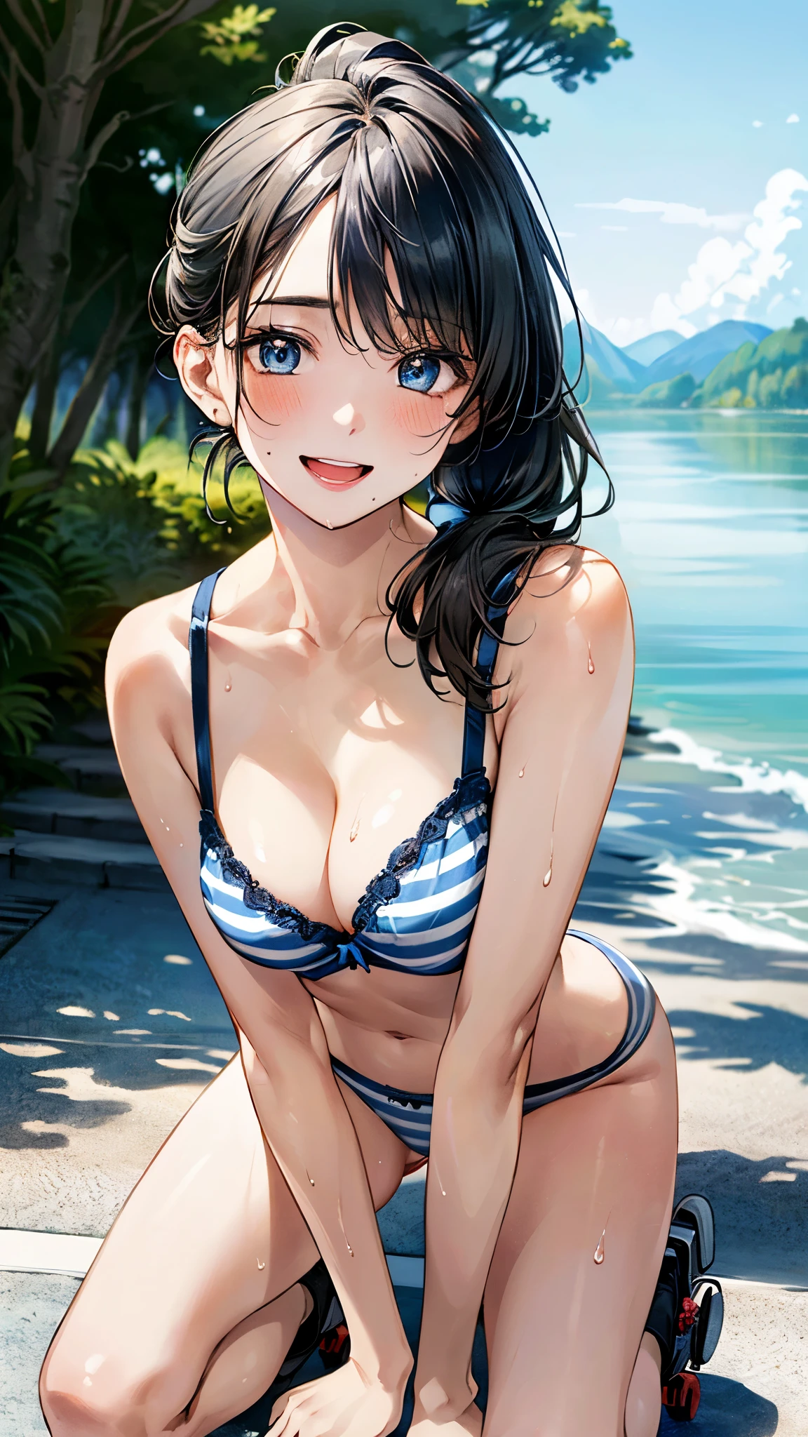 (masterpiece:1.3, top-quality, ultra high resolution, ultra detailed), (realistic, photorealistic:1.4), beautiful illustration, perfect lighting, natural lighting, depth of fields, 
beautiful detailed hair, beautiful detailed face, beautiful detailed eyes, beautiful clavicle, beautiful body, beautiful chest, beautiful thigh, beautiful legs, beautiful hands, 
looking at viewer, 1 girl, high school girl, (perfect anatomy, anatomically correct), cute and symmetrical face, ****face, perfect face, perfect eyes, shiny skin, 
(middle hair, low ponytail, navy hair), swept bangs, blue eyes, long eye lasher, (large breasts, seductive thighs), slender, outstanding style, sweat-wet skin, 
(white and gray stripes bra very, white and gray stripes panties, skating roller skates), 
(beautiful scenery), evening, (shores, blue-sky), knee up, kneeling, (cute smile, open mouth small), 