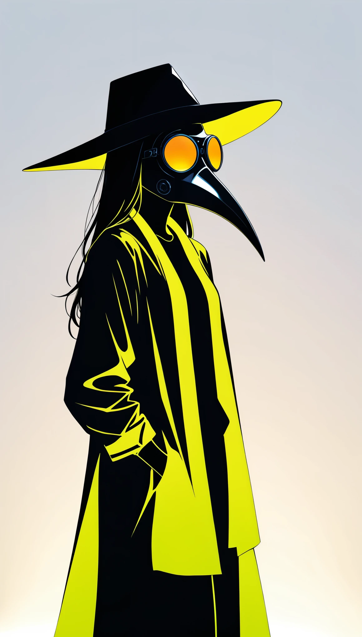 (in style of Conrad Roset:0.9),
(1girl:1.4),lori girl ,(loose hip-hop outfits:1.1),(internally stained giant wide-brimmed (wizard hat):1.1),silhouette,(metal plague doctor mask:1.4),glowing light,(((neon glowing round sunglasses))),unable to see the eyes,(large area blank:1.4),(minimalist composition:1.4),blank,white_background,