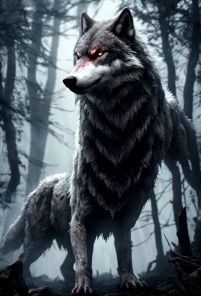 Highest quality, masterpiece, Ultra-high resolution, A gigantic and ferocious monster wolf (White Wolf), Hidden in thick fog, 2D Anime Style, Scary atmosphere, Blood red eyes, Forest in the background, Bloody Ground, 8K, A scene from a movie, From a top-down perspective (Light and shadow effects), (Depth of Field Effect).