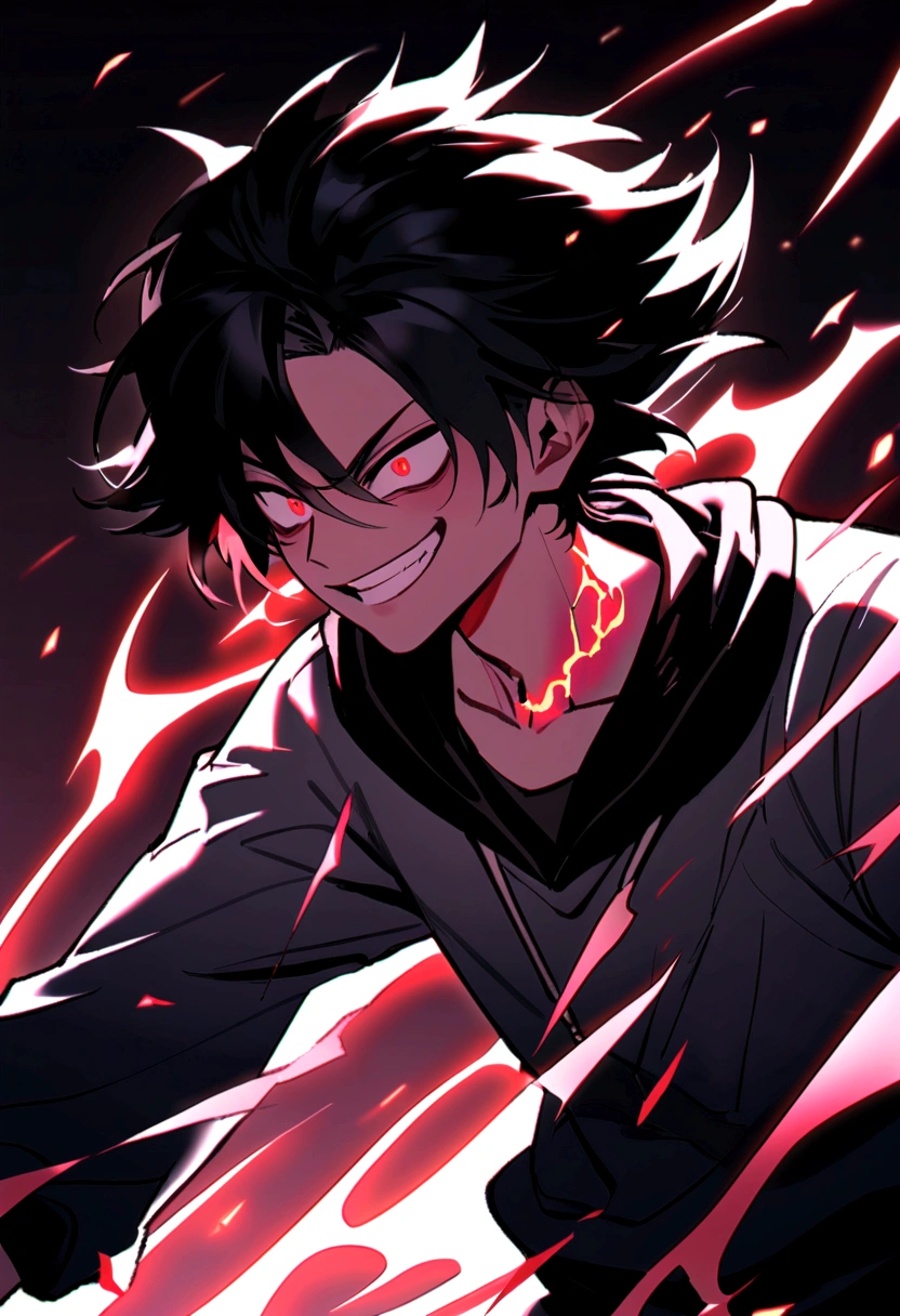 Man 17 years old Long black hair black and white sweatshirt with red electricity on his body with a manic smile