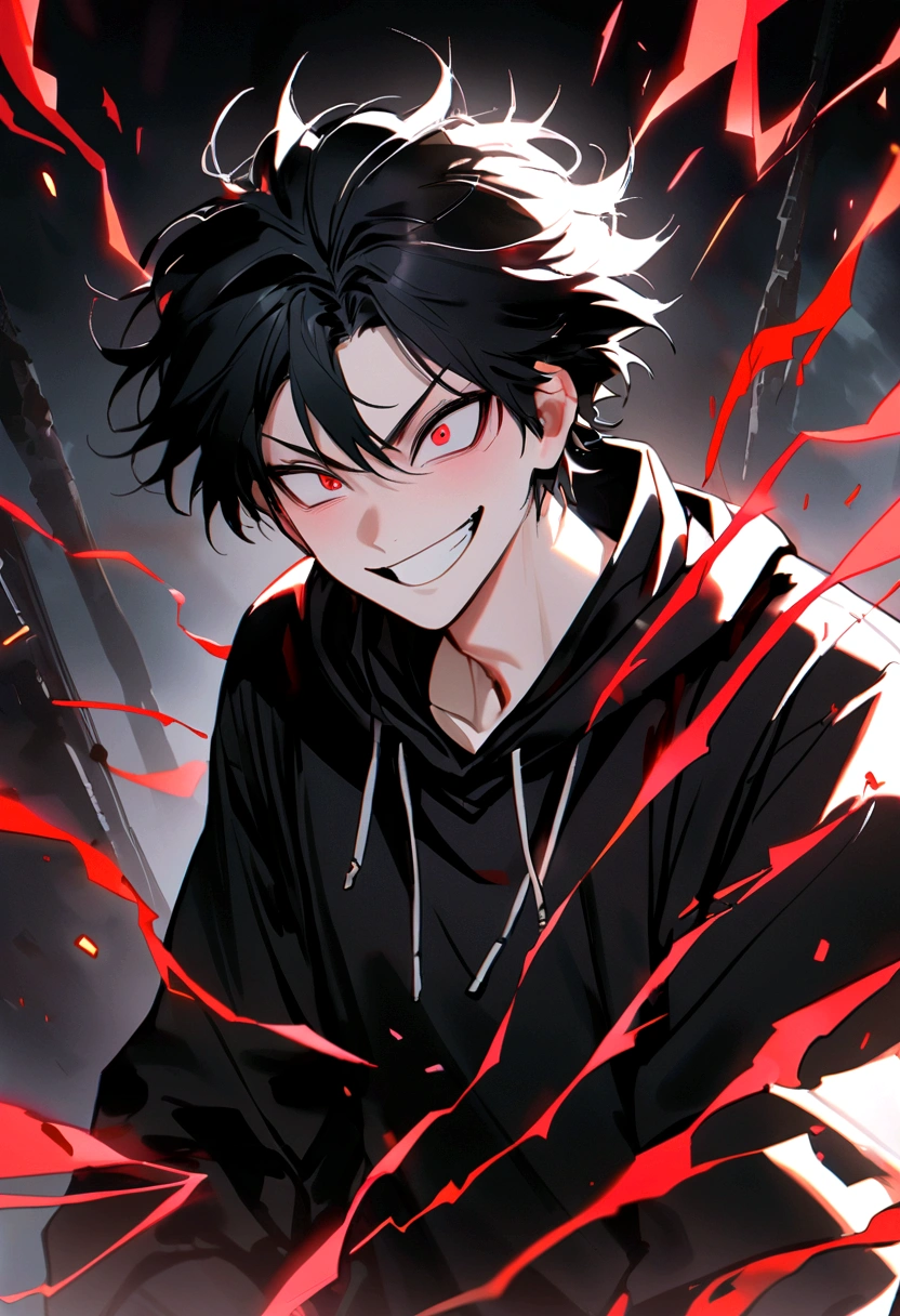 Man Long black hair black and white sweatshirt with red electricity on his body with a manic smile