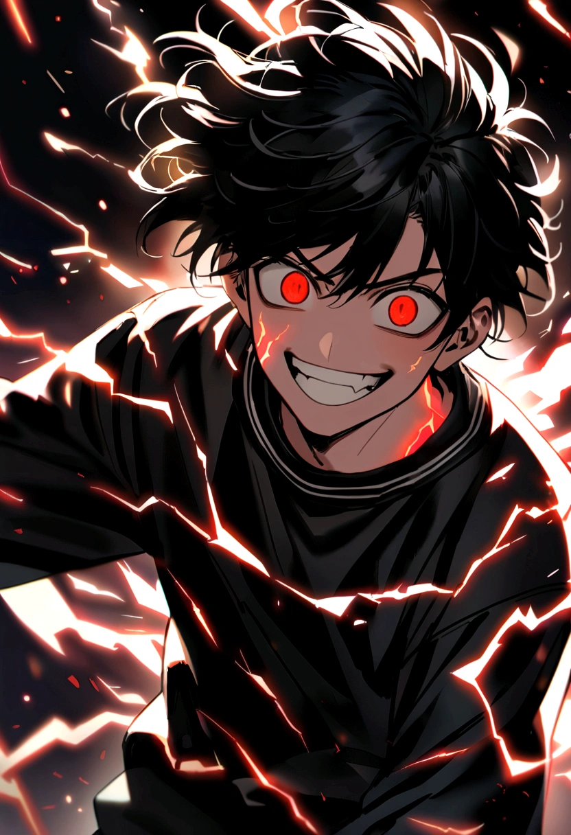 Man 17 years old Long black hair black and white sweatshirt with red electricity on his body with a manic smile