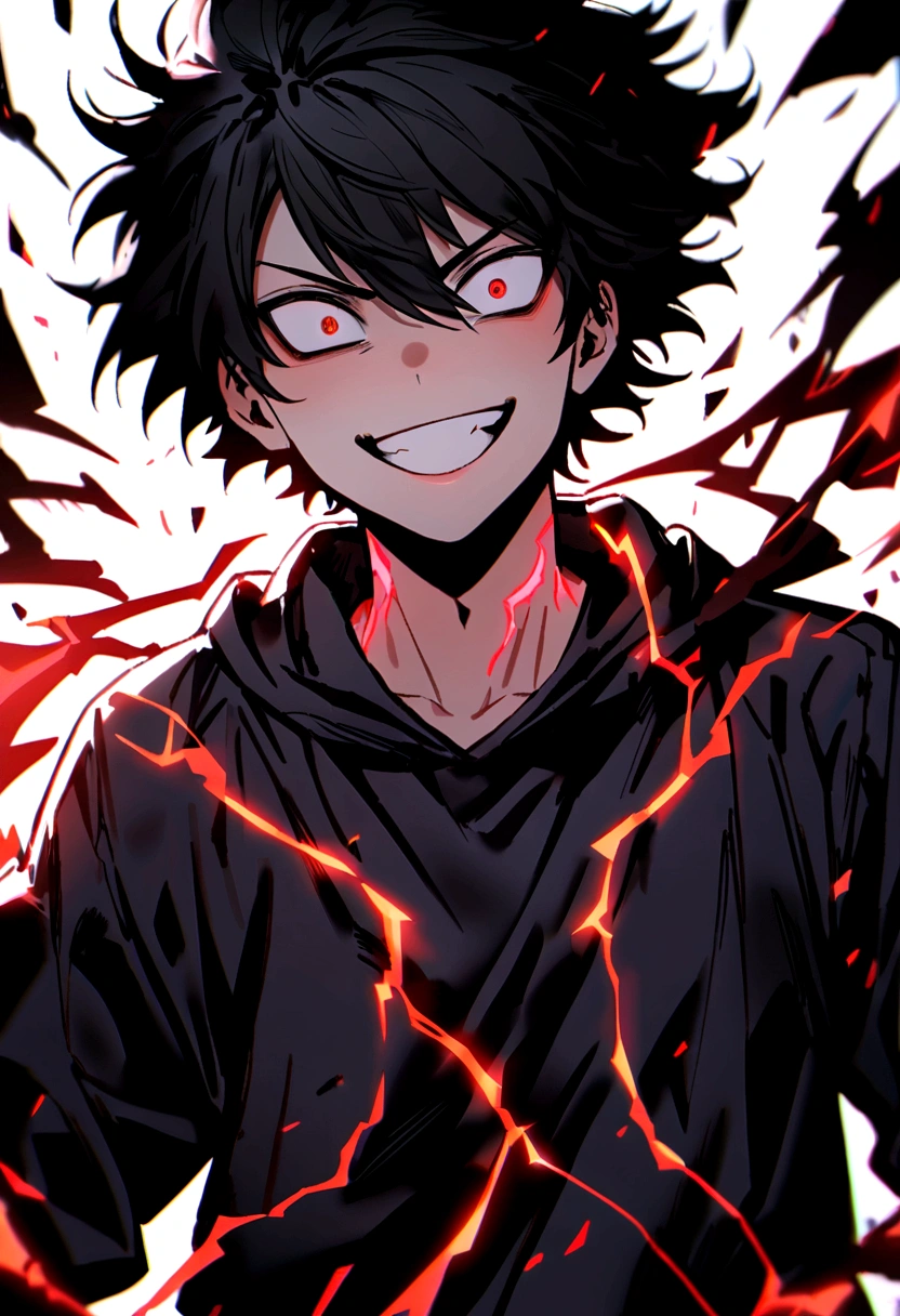 Man 17 years old Long black hair black and white sweatshirt with red electricity on his body with a manic smile