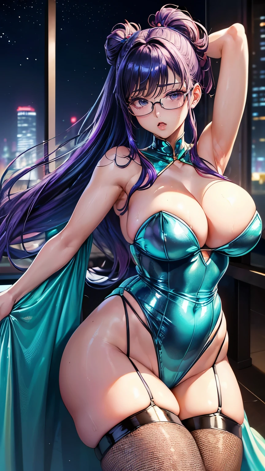 Chinese Idol　Mature Woman　50 talents　Huge boobs　((Super shiny metallic turquoise strapless one piece fishnet lingerie))　Chunli　plump　((Garter belt and super shiny metallic knee-high boots))　((Purple hair with bangs 2 chignon))　((Rimless glasses))　((Skyscraper rooftops at night with cyberpunk lighting))　((Sweaty, wet skin))　((A mature woman full of pheromones))　Obscene gaze　((鮮やかな赤いルージュのplump唇))　　((Make provocative eye contact from the front))　Duck mouth　　(Sleep with your legs apart)　Hands behind head　((Armpit))　Depicted from above　(蒸れた汗臭いArmpitを嗅がれて「You fool？」と頬を膨らまして怒るMature Woman)　Shooting stars in the night sky