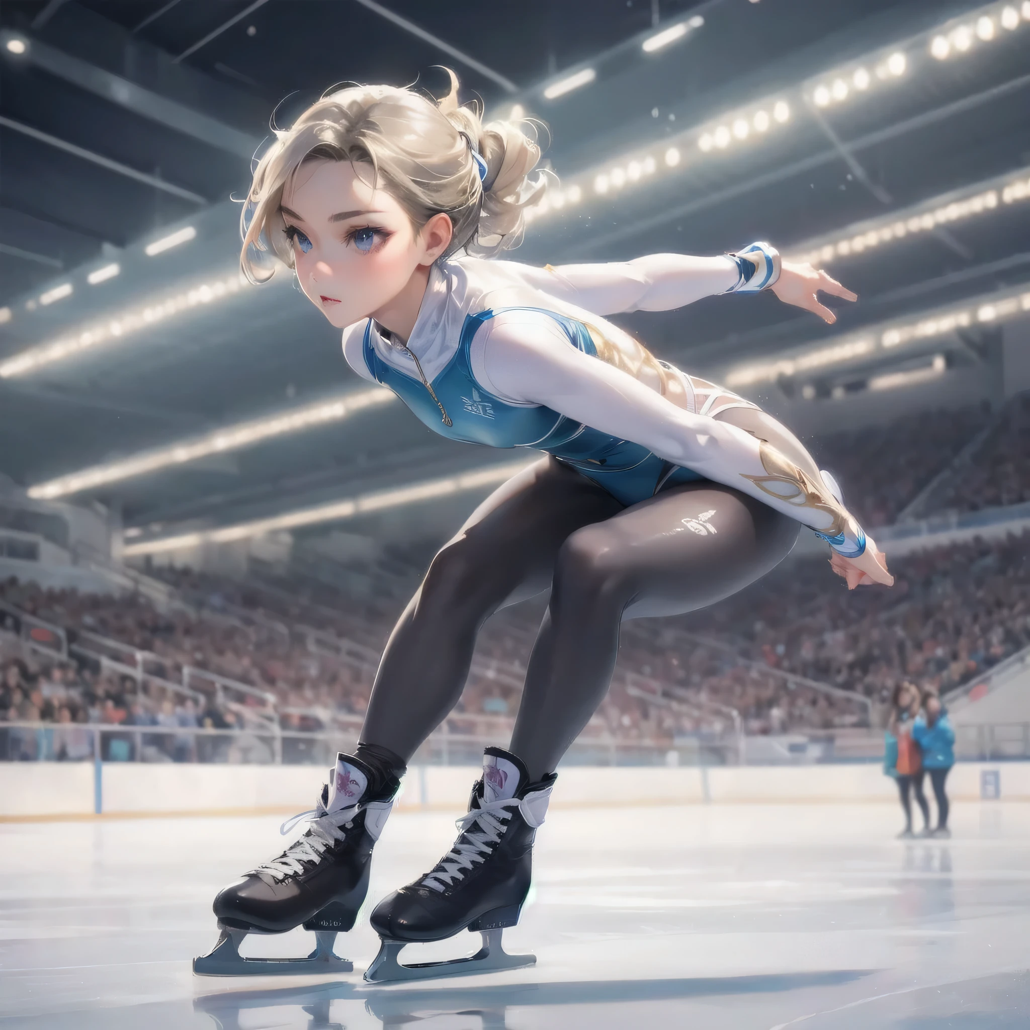  masterpiece, (textured skin), best quality, gorgeous beautiful girl, (a female figureskate athlete), detailed clothes,large breasts,narrow waist,, (beautiful face), cinematic lighting, (at figureskate venue ),