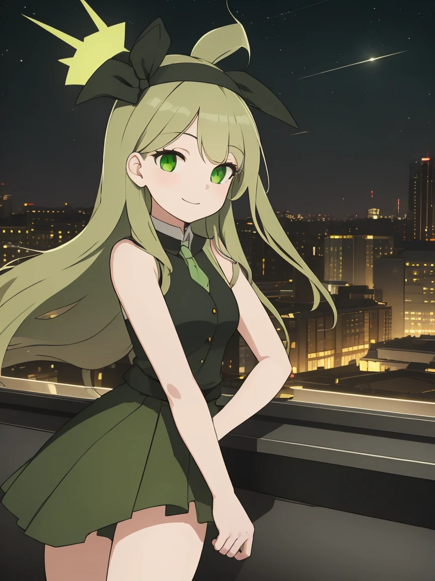 masterpiece, best quality, Very detailed,Ultra-high resolution，girl，From the work《Pitch-black bullets》，(Tina Sprunt)，night，Green eyes，Long blond hair，There is a small tuft of hair on the head，Green headband，Green Skirt，Smile，A simple smile，Harmless expressions of humans and animals，Long hair on both sides，(Green headband)，Standing，Akimbo，roof，Rooftop，City night scene