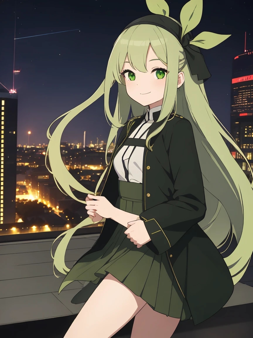masterpiece, best quality, Very detailed,Ultra-high resolution,girl,From the work《Pitch-black bullets》,(Tina Sprunt),night,Green eyes,Long blond hair,There is a small tuft of hair on the head,Green headband,Green Skirt,Smile,A simple smile,Harmless expressions of humans and animals,Long hair on both sides,(Green headband),Standing,Akimbo,roof,Rooftop,City night scene
