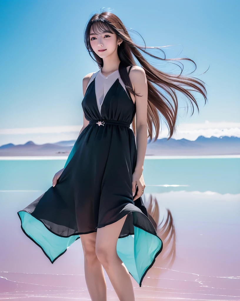 (Highest quality, 32k, High resolution, Masterpiece:1.5), marimo_jet, god々A photograph with brilliant dazzling and healing power., Expressing emotions, Have a rich imagination, Beautiful Japanese Girls, An exceptionally beautiful face, Small Face Beauty, ((Full body shot:1.3)), Perfect Human ???????, Magical big eyes, Motherhood and generosity, Deep Love, fleeting smile, Shiny black hair, Beautiful super long hair swaying in the wind, Asymmetrical bangs, Hair between the eyes, Transparent, soft white skin, Sharp eyebrows, Thin lashes, Natural Makeup, Cheek highlighter, Pale pink detailed lips, (Black dress:1.3), ((High resolutionの美しい太もも)), ((Distant Horizon:1.5)), ((Salar de Uyuni stretches to the horizon:1.3)), ((The earth reflects the sky like a mirror:1.3)), Beautiful detailed blue sky, Professional photographer, Professional Lighting, Professional models