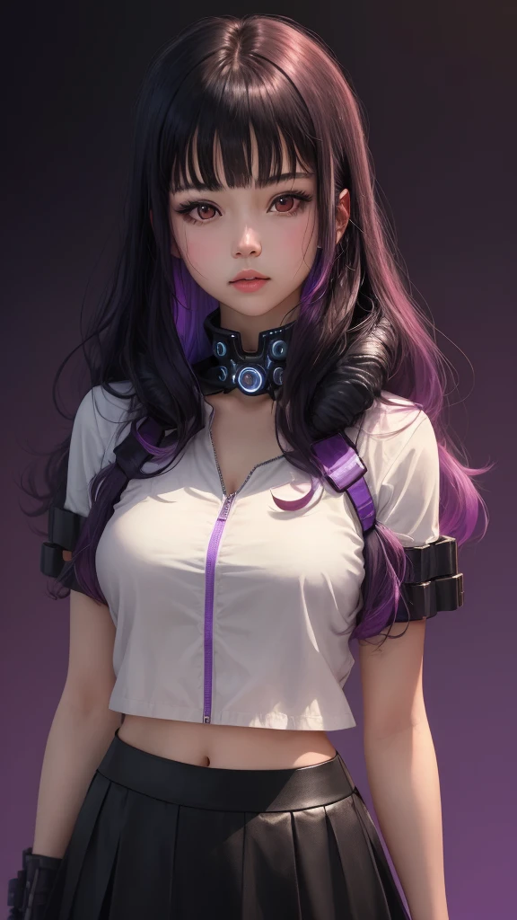 1girl, solo, long curly hair, looking left, bangs, simple background, black hair, red eyes, upper body, blunt bangs, red background, science fiction, high collar, cyberpunk, girl in skirt, full violet background