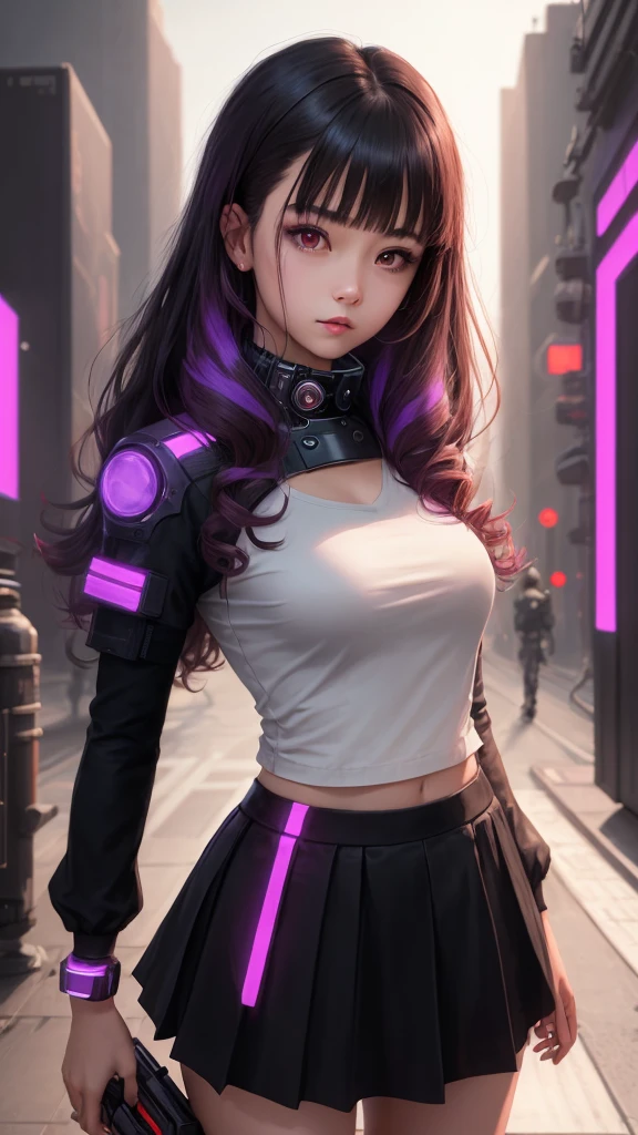 1girl, solo, long curly hair, looking left, bangs, simple background, black hair, red eyes, upper body, blunt bangs, red background, science fiction, high collar, cyberpunk, girl in skirt, full violet background