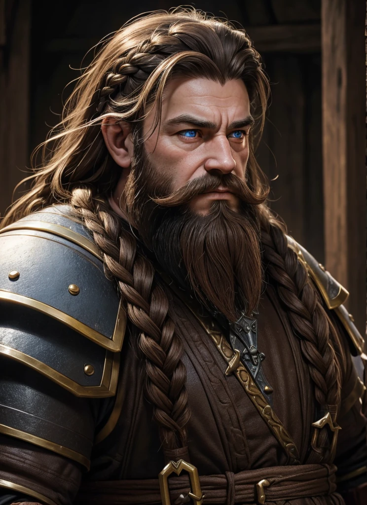 young Dwarf in full plate armor, medieval fantasy dwarf, stark, plumpness, with light brown hair and a long braided beard, wearing full plate armor, a mad look, fully body, standing alone, fancy, Dwarf Medieval RPG, Closeup portrait of a dwarf with a braided beard, Dwarf braided beard, 4 k image, 超A high resolution, inside royal dwarf hold, High details, best qualityer, 16K, [ultra detaild], master part, best qualityer, (extremely detaild), fully body, photorrealistic, arte de fancy, Arte de RPG, d&d art, an image of a dwarf in his hold (intense details, best qualityer), dwarf male fantasy (intense details, master part, best qualityer),(intense details, master part, best qualityer), brown hair, dynamic blue eye color, Ultra Detailed Face (intense details, master part, best qualityer), long beard, brown beard