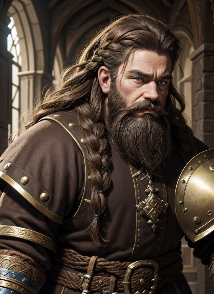 young Dwarf in full plate armor, medieval fantasy dwarf, stark, plumpness, with light brown hair and a long braided beard, wearing full plate armor, a mad look, fully body, standing alone, fancy, Dwarf Medieval RPG, Closeup portrait of a dwarf with a braided beard, Dwarf braided beard, 4 k image, 超A high resolution, inside royal dwarf hold, High details, best qualityer, 16K, [ultra detaild], master part, best qualityer, (extremely detaild), fully body, photorrealistic, arte de fancy, Arte de RPG, d&d art, an image of a dwarf in his hold (intense details, best qualityer), dwarf male fantasy (intense details, master part, best qualityer),(intense details, master part, best qualityer), brown hair, dynamic blue eye color, Ultra Detailed Face (intense details, master part, best qualityer), long beard, brown beard