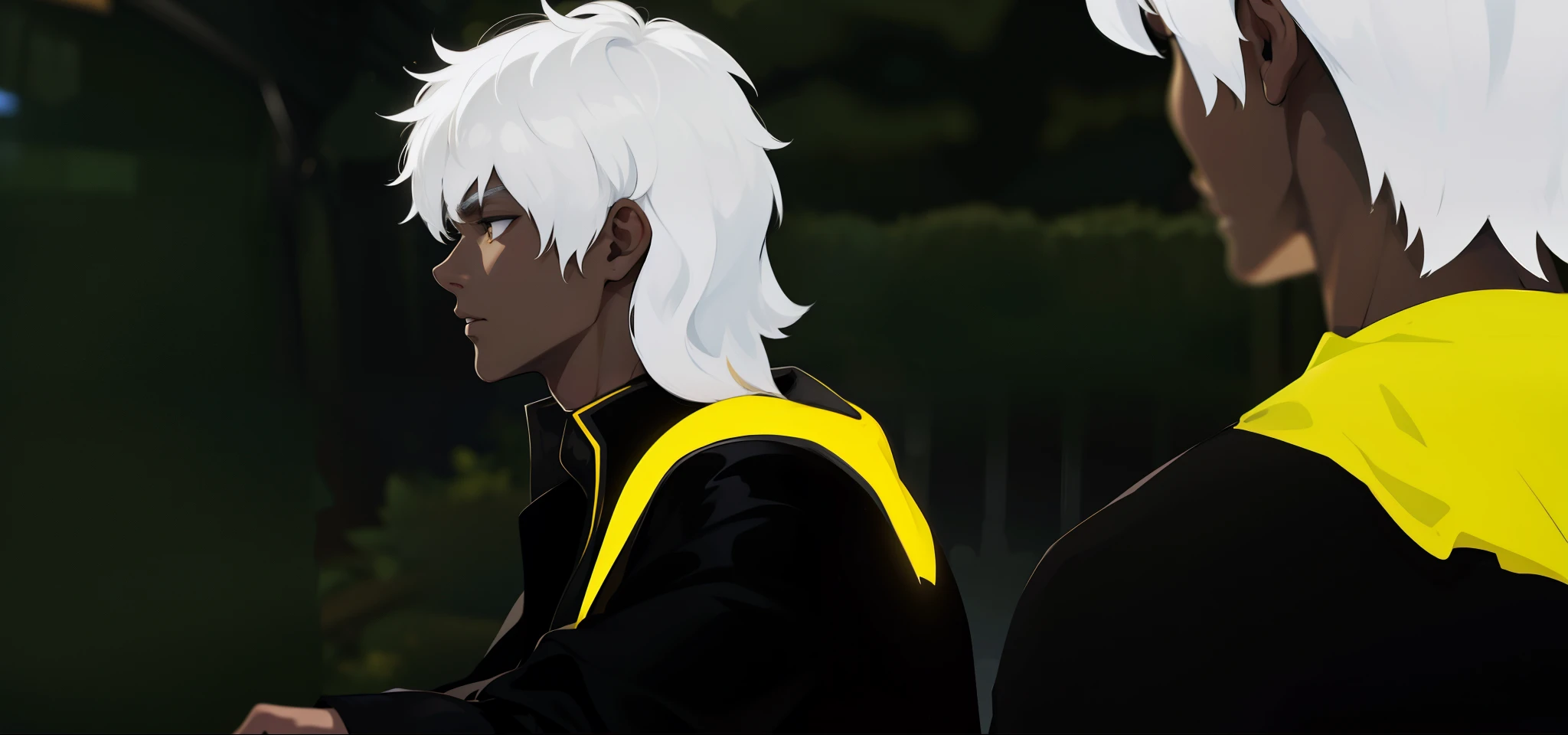 There are two young men with white hair, black clothes and yellow capes.