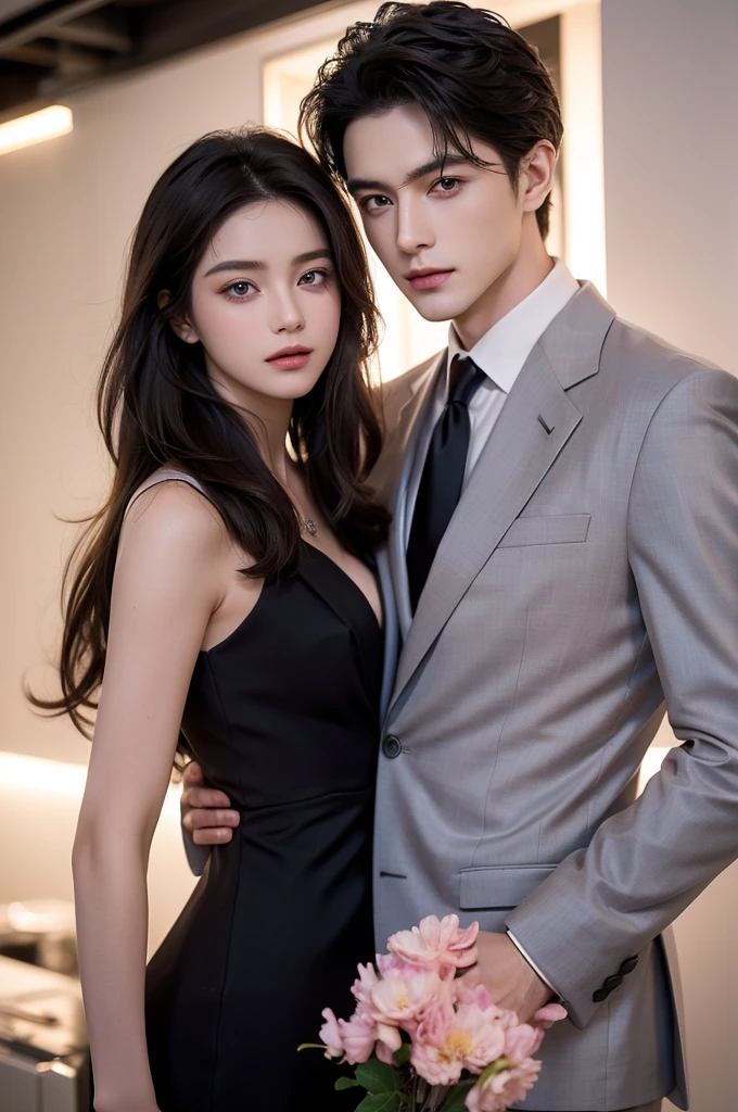 Modern. Suit man wear. Elegant couple, masculie man and two beautiful girl. Dark hair color. Very deatiled face. pretty eyes (perfect eyes). 8K resolution. Masterpiece. Romantic, love, glowing light. Look at the viewer. Petals. Pastel color.
