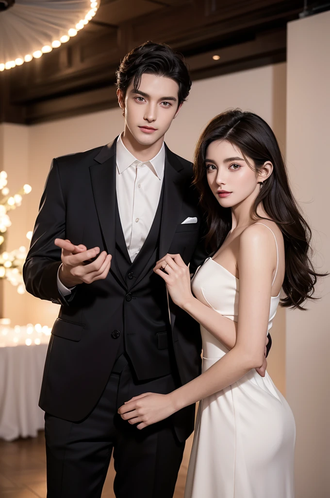 Modern. Suit man wear. Elegant couple, masculie man and beautiful girl. Dark hair color. Very deatiled face. pretty eyes (perfect eyes). 8K resolution. Masterpiece. Romantic, love, glowing light. Look at the viewer. Petals. Pastel color.