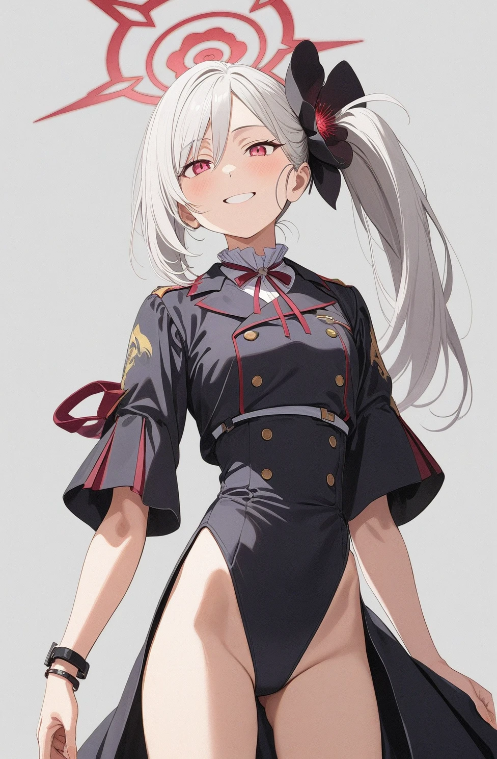 best quality, amazing quality, very aesthetic, absurdres, (1girl, mutsuki, blue archive, solo, red eyes, white hair, side ponytail), (artist official art:1.5), (realistic face:0.2), (grin, lowleg bikini, ), (cowboy shot), (glowing eyes:1.3), (half closed eyes:0.9), (thigh), expressive eyes, perfect face, 4k, extremely detailed anime illustration, extremely detailed eyes, enhanced details, perfect anatomy, light rays, smooth skin, (gray background:1.5), clear eyes, beautiful face, small , (Chiaroscuro:1.5), (highres:2), cinematic