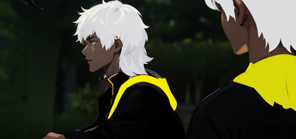 There are two young men with white hair, black clothes and yellow capes.