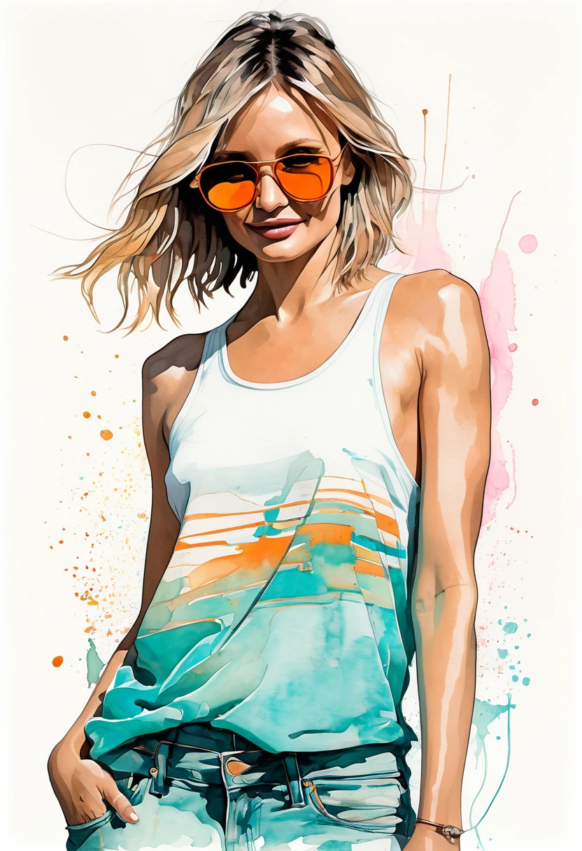 A mesmerizing watercolor and ink line illustration that masterfully combines the iconic styles of Ashley Wood and Rick Griffin. The focal point of the artwork is the alluring Cameron Diaz, who is dressed in an abstract tank top and oversized, eye-catching sunglasses in vibrant shades of golden orange, pink, and turquoise. She exudes confidence, charm, and casual sophistication, embodying the epitome of cool.
The minimalist background complements the central figure and atmosphere, creating a visually stunning and immersive experience. Rich colors and textures permeate the scene, while the artist's innovative strokes bring the subject to life in a captivating and unforgettable manner. This illustration embodies the essence, vibrancy, and inventive vision of clean, clear, and precise artistry, making it a truly icon, vibrant, illustration, painting