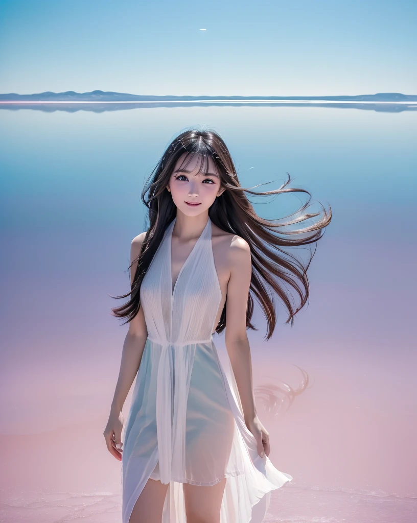 (Salar de Uyuni:1.3), (Clear blue sky and clouds reflecting on the surface of the lake), (cowboy shot), (Walking), (Medium hair, black hair), best quality, masterpiece, ultra high res, (photorealistic:1.4), RAW photo, (1woman:1.3, solo), (beautiful countenance), (asian girl, ultra delicate face, ultra Beautiful fece, ultra delicate eyes, ultra detailed nose, ultra detailed mouth, ultra detailed facial features), (Pink dress), (medium breasts:1.3), from the front side, shiny skin, Sony α7, 85mm Lens, f9.0