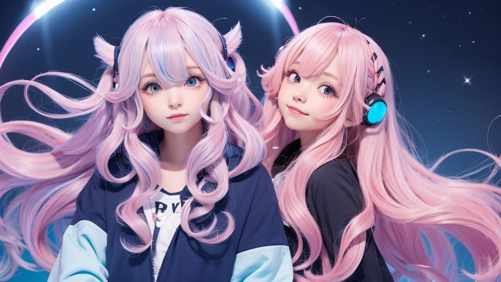 Illustration of a VTuber with light blue, navy blue, and pink gradation hair. Fluffy hair but with outward curls.
