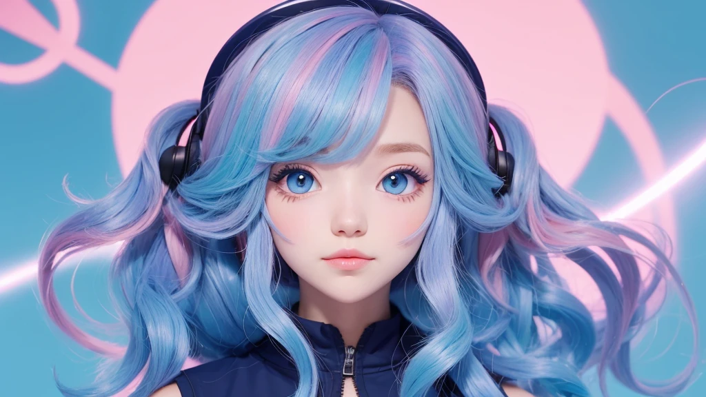 Illustration of a VTuber with light blue, navy blue, and pink gradation hair. Fluffy hair but with outward curls.