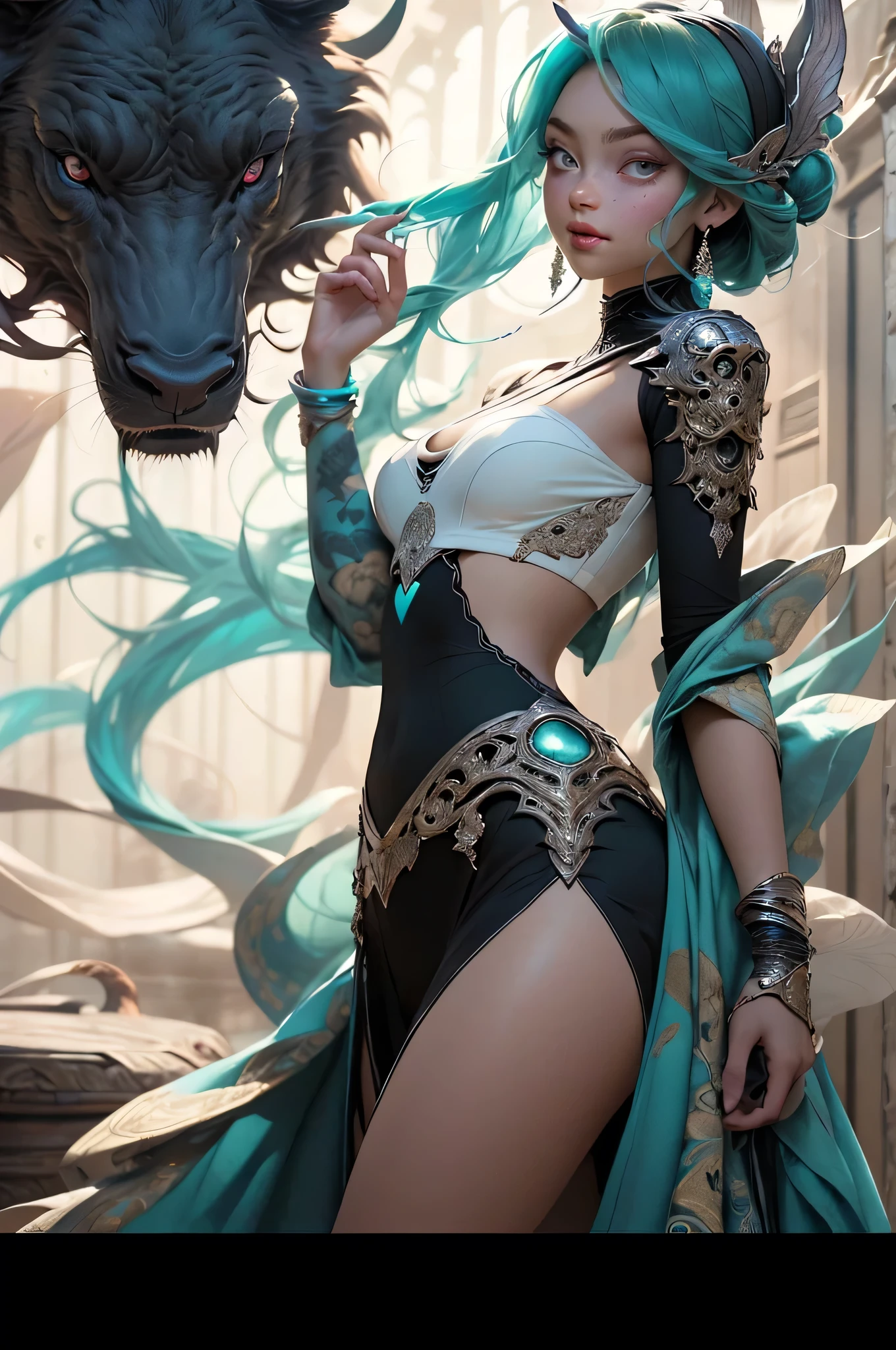 Full body shot, ((masterpiece))), (((best quality))), ((ultra-detailed)), (hyperrealistic), (highly detailed CG illustration), ((an extremely delicate and beautiful)),cinematic light, Create a stunning anime artwork that is currently trending on ArtStation, showcasing exquisite beauty and captivating aesthetics. The art piece should be highly detailed, featuring a compelling character and a visually appealing environment.
The character in the artwork is a graceful and enchanting figure, radiating an aura of elegance. Pay close attention to intricate facial features, such as mesmerizing eyes with vibrant colors and delicate shading. Hair ((turquoise, long, floating in the air, wrapped around her))).
The character's clothing should be designed with elaborate patterns, flowing see-through fabrics, and rich textures, reflecting a blend of fantasy and contemporary fashion.
Place the character in a captivating ethereal environment that enhances the overall appeal of the artwork. a mystical realm filled with magical elements. Incorporate vibrant colors, dynamic lighting, and detailed background elements to create a sense of depth and immersion.
Consider the latest trends in anime art, such as incorporating unique lighting effects, exploring creative composition techniques, or experimenting with unconventional color palettes.
Take inspiration from the top artists on ArtStation and their exceptional execution of various art styles and themes. Camera: Choose an angle that highlights the character's beauty and the immersive environment. Lighting: Utilize atmospheric lighting techniques to create depth and mood. Resolution: Aim for a high-resolution artwork to showcase intricate details and clarity. Art Inspirations: Seek inspiration from the trending artists on ArtStation, exploring different styles, genres, and themes.