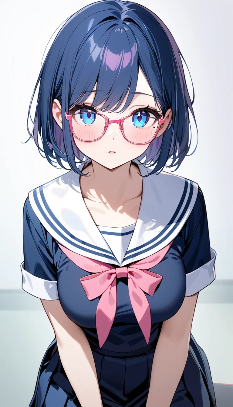 (1 girl),(Best Picture Quality, 8K, Masterpiece:1.3), (high school student:1.5), (pink lob hair:1.1), [skyblue hair:0.1], (bob cut),(swept bangs), (cute eyes, pupil black, iris skyblue, youthful face), (mole under right eye), (standard weight), (medium breasts), (glistening skin:1.1),(pale skin:1.2), ((serafuku, white sailor short sleeve simple shirt, darkblue skirt, darkblue sailor collar, pink ribbon)), (under-rim pink glasses, wayfarer glasses)