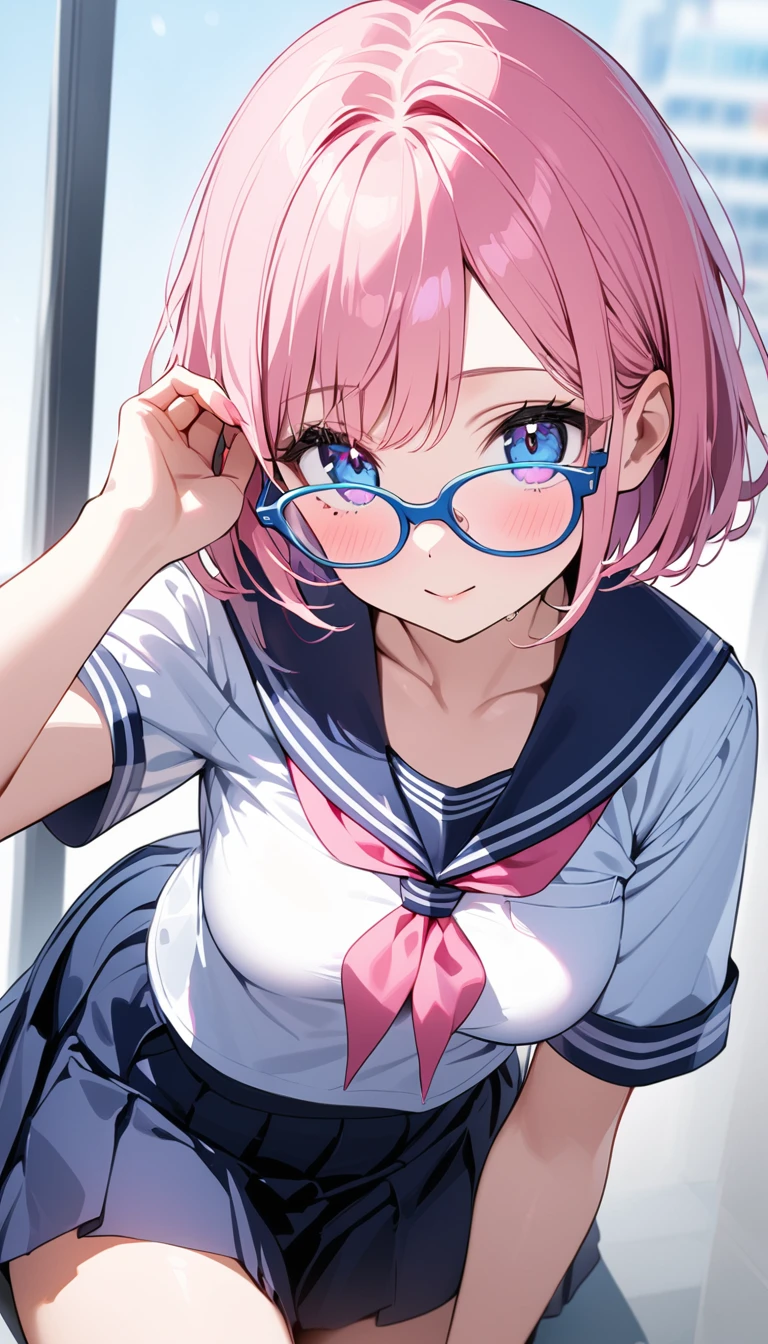 (1 girl),(Best Picture Quality, 8K, Masterpiece:1.3), (high school student:1.5), (pink lob hair:1.1), [skyblue hair:0.1], (bob cut),(swept bangs), (cute eyes, pupil black, iris skyblue, youthful face), (mole under right eye), (standard weight), (medium breasts), (glistening skin:1.1),(pale skin:1.2), ((serafuku, white sailor short sleeve simple shirt, darkblue skirt, darkblue sailor collar, pink ribbon)), (under-rim pink glasses, wayfarer glasses)