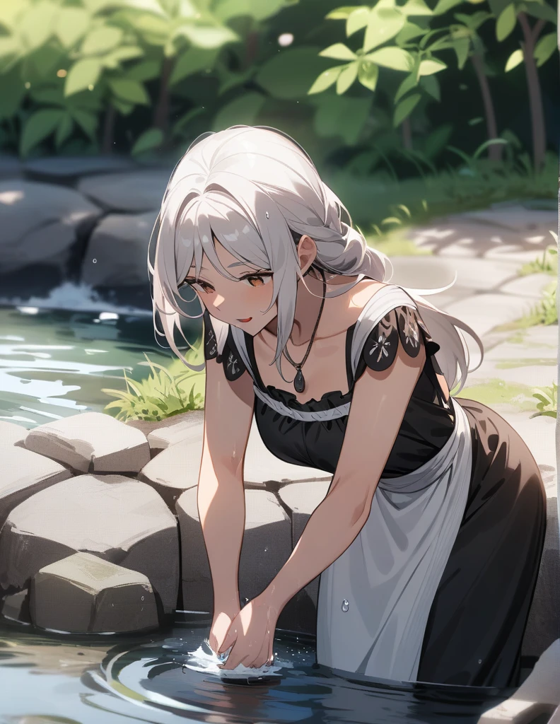 milf Greek woman with white hair, brown eyes, wearing peasant clothes, washing some 
clothes on the bank of a stream