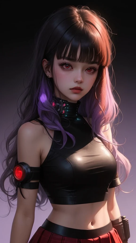 1girl, solo, long curly hair, looking left, bangs, simple background, black hair, red eyes, upper body, blunt bangs, red background, science fiction, high collar, cyberpunk, girl in skirt, full violet background